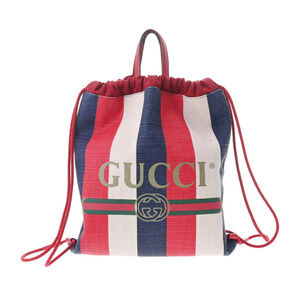 GUCCI Drawstring Backpack Tricolor Red White Blue Canvas Leather Daypack
